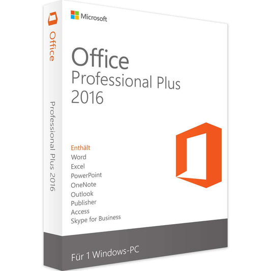 Microsoft Office 2016 Professional Plus Edition package for Windows PC featuring Word, Excel, PowerPoint, and more.