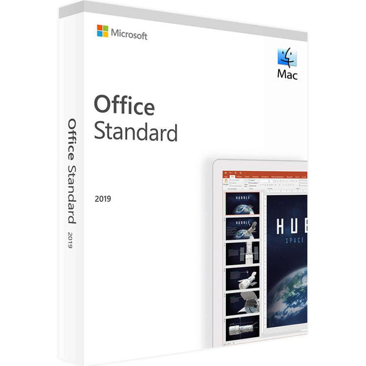 Microsoft Office 2019 Standard Edition Verpackung für Mac mit PowerPoint-Ansicht.