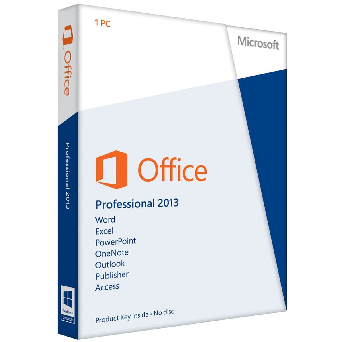Microsoft Office 2013 Professional Plus Edition Verpackungsbox mit Software-Icons.
