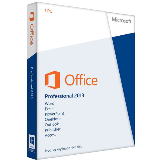 Microsoft Office 2013 Professional Plus Edition Verpackungsbox mit Software-Icons.