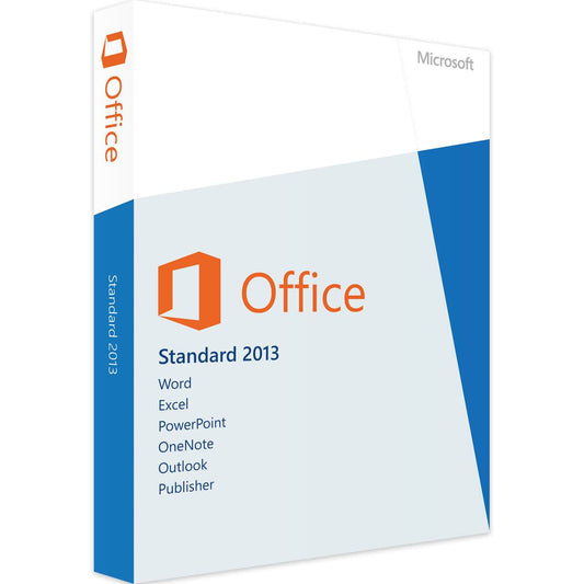 Microsoft Office 2013 Standard Edition Verpackung mit Anwendungen wie Word, Excel, PowerPoint, OneNote, Outlook und Publisher.